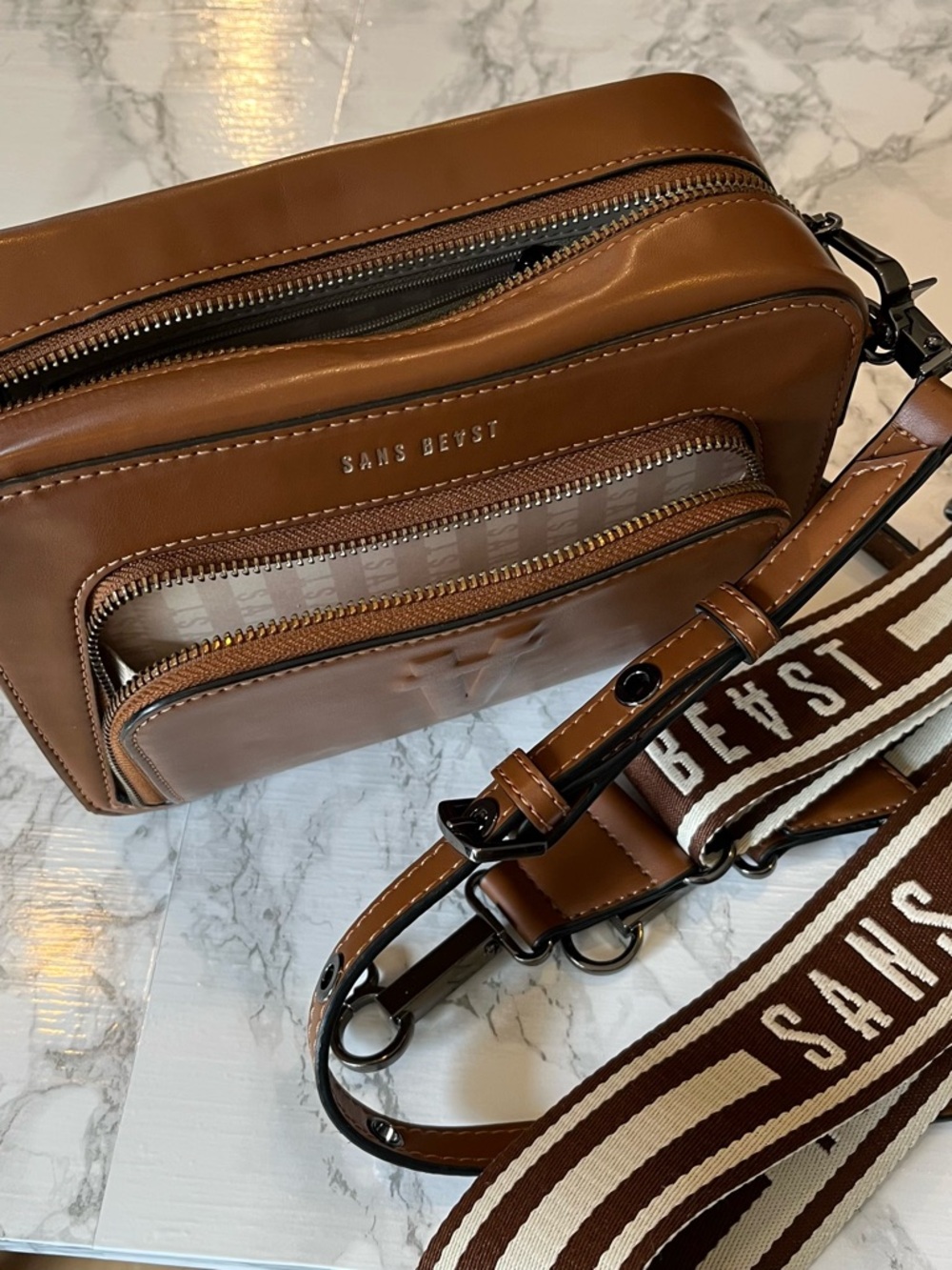 Sans Beast Cognac Brown Crossbody with Branded Strap